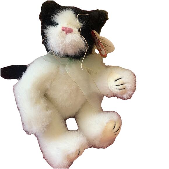 Ty Attic Treasures Arlen Black & White Cat Plush 10" Jointed Green Bow 1993 - Picture 1 of 10